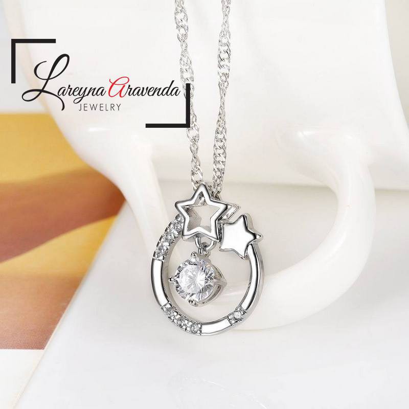 Kalung Titanium Asli + Liontin Wanita Motif Double Star Crystal KL035