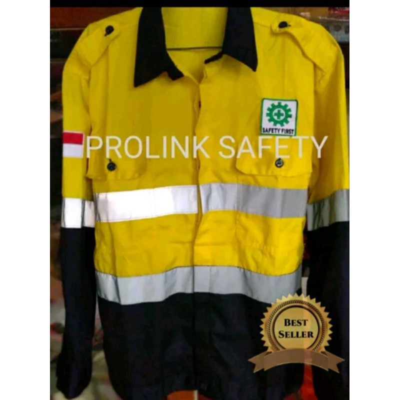 SERAGAM BAJU SAFETY ATASAN MODEL TAMBANG KUNING KOMBINASI DONGKER KANCING