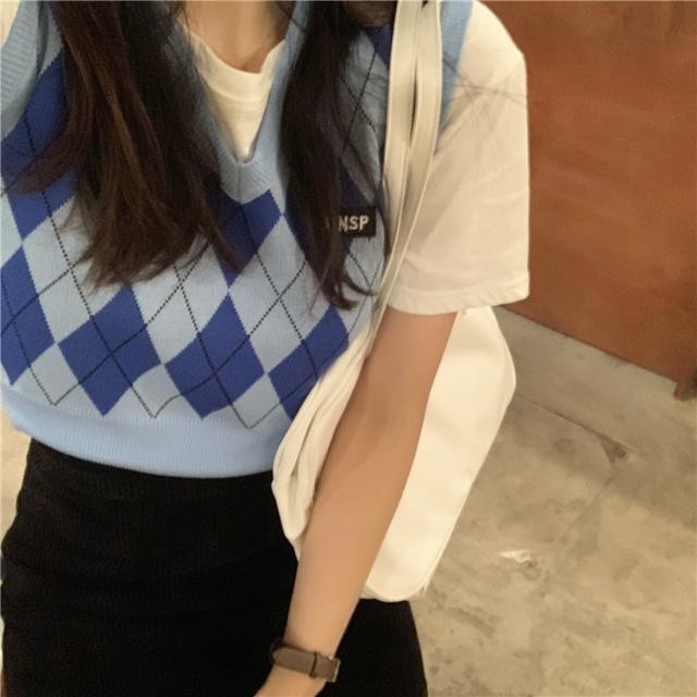 Student Preppy Style Blue Lattice ShortVNeck Vest+White Short SleeveTT-shirt