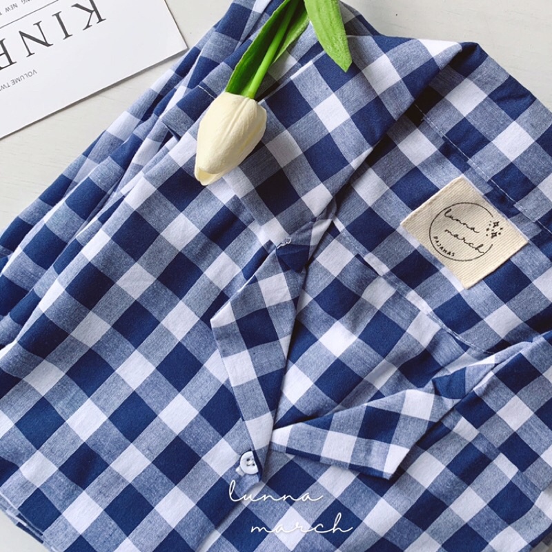 Piyama Gingham Navy Haechan NCT Lengan Pendek