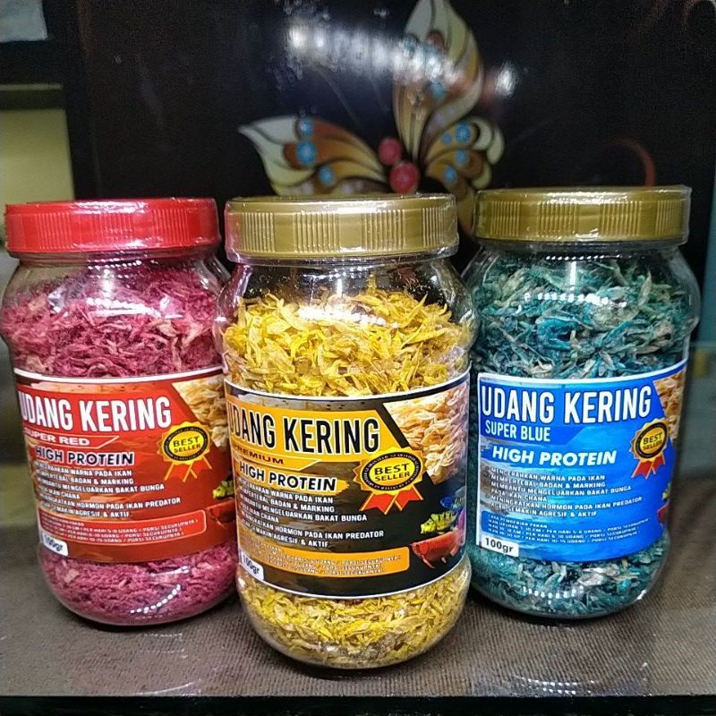 Udang Kering 300gr (Premium Super Red , Yellow & Blue Paket 3 in 1)Pakan Ikan Chana,Arwana,Louhan,Pb