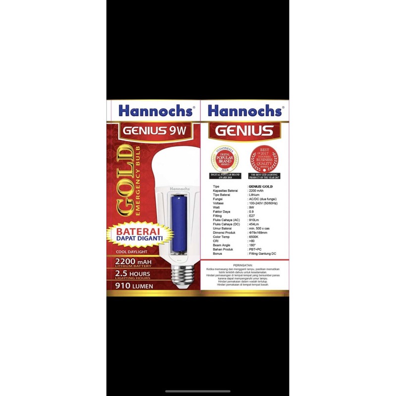 Bola Lampu AC/DC 9Watt Emergency Genius Gold Hannochs