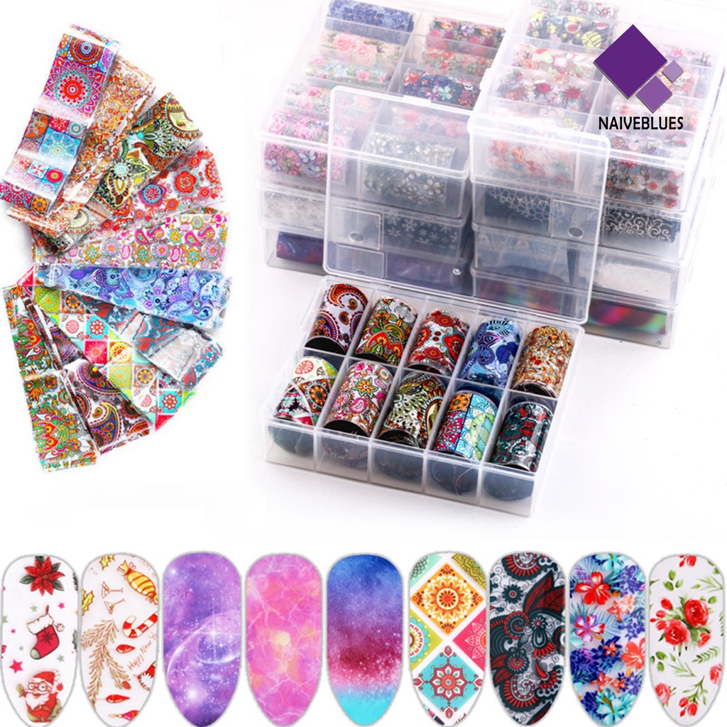 Naiveblue 10Pcs / Kotak Stiker Kuku Transfer Motif Bunga / Aurora / Langit Berbintang Untuk Dekorasi Nail Art / Manicure