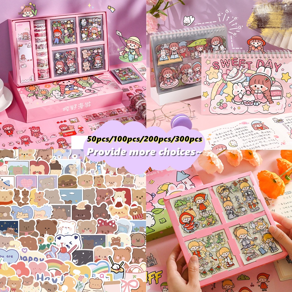 Set 50 / 100 / 300 Pcs Stiker Label Motif Kartun Tahan Air Untuk Dekorasi Diary