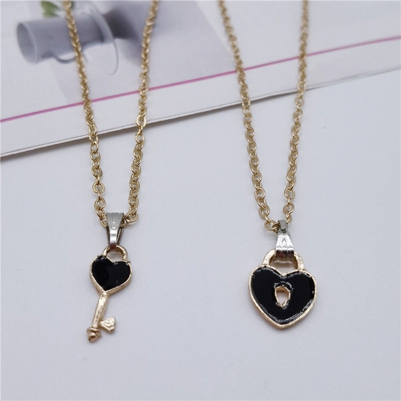 2 Pcs Fashion Wanita Trendi Kunci Liontin Link Rantai Kalung Hati Pasangan Pecinta Kalung - PD