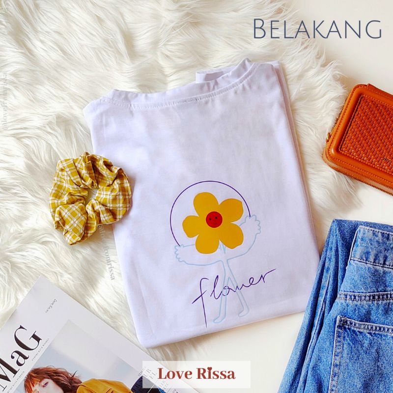 Kaos Tshirt Flower Comfy Oversized Korea Baju Wanita Lengan Pendek Love Rissa