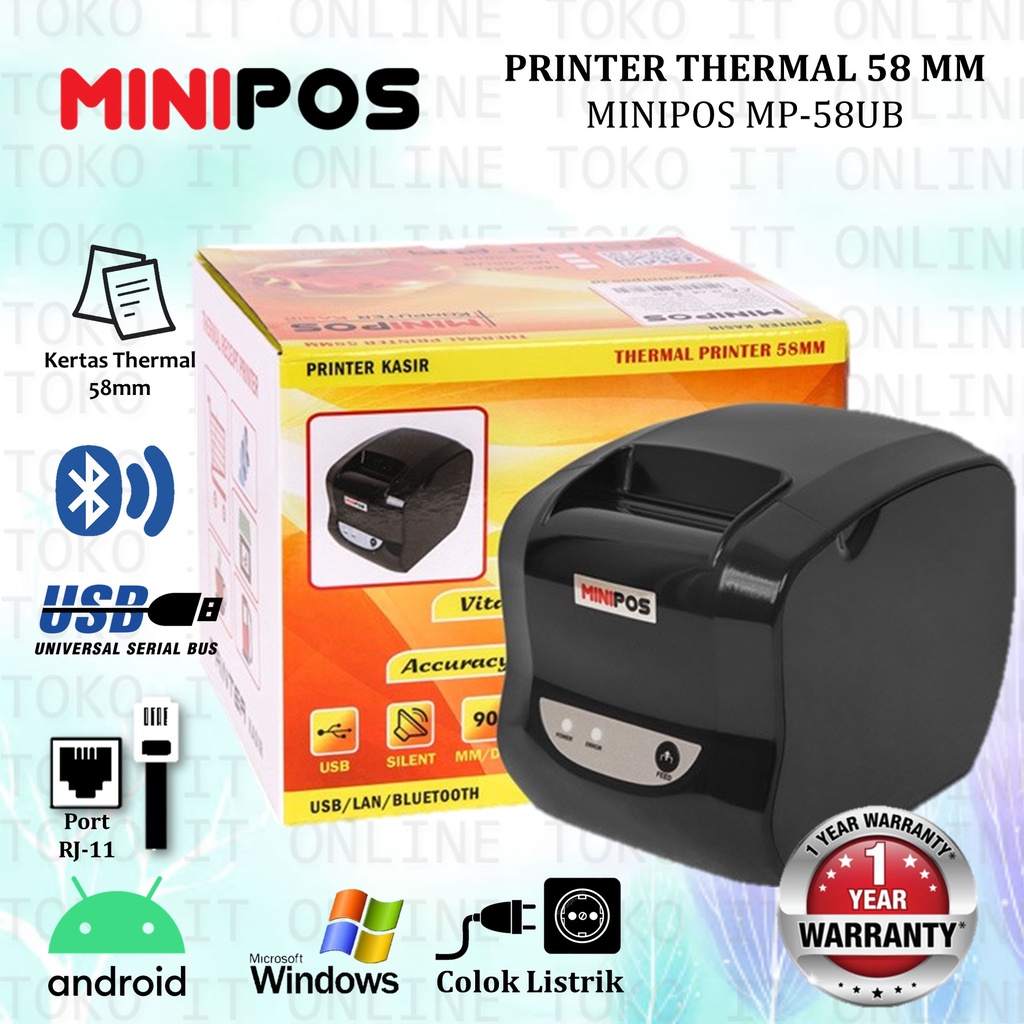 PRINTER THERMAL MINIPOS MP-58UB CETAK STRUK KASIR 58MM USB BLUETOOTH