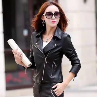 jaket semi kulit wanita list hitam merah keren elegan