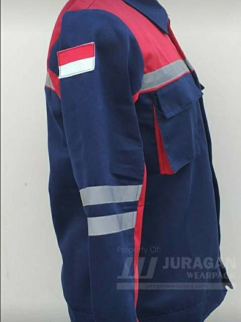 SERAGAM BAJU SAFETY RESLETING BIRU DONGKER KOMBINASI MERAH KAIN DRILL