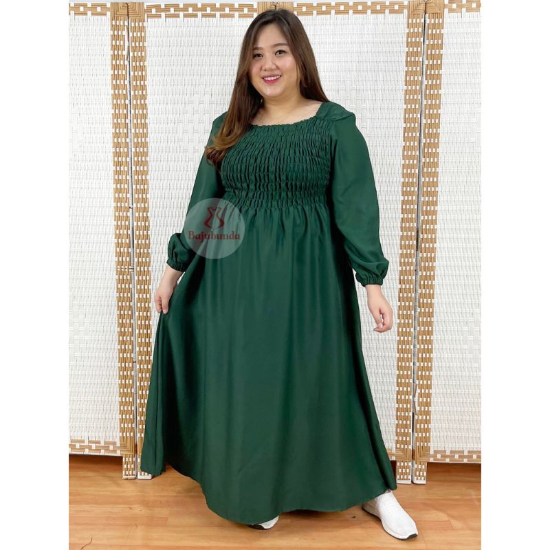 Long dress sabrina lengan panjang kerut dada polos ijo jumbo/ long dress kerut dada polos jumbo/ gam