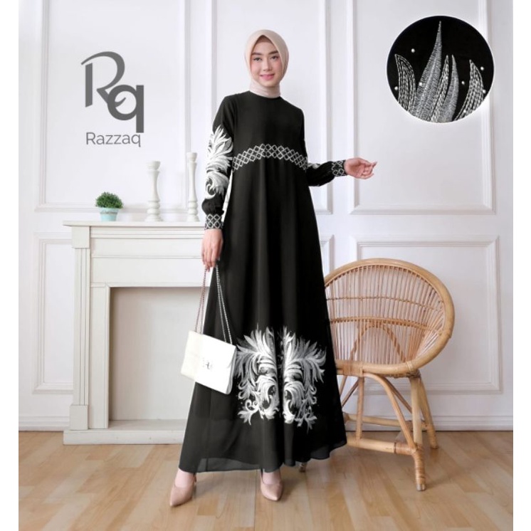 Zaja - Baju Gamis Wanita Dewasa Ceruty Babydoll Mix Bordir Mewah &amp; Anggun Dress Muslim Cantik Gamis Dilara Ceruty Bordir Cantik Fashion Muslim Perempuan