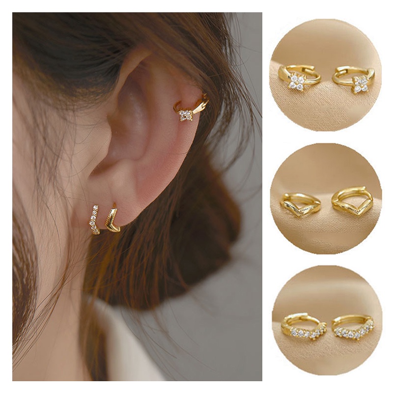 1 Pasang Anting Tindik Lapis Emas 24k Bentuk Lingkaran Bahan Zirkon