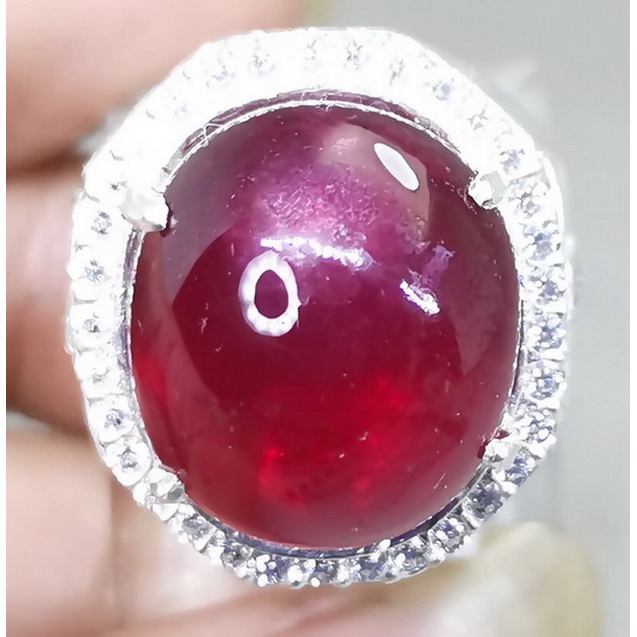 Cincin Perak Batu Ruby Asli Merah Delima Besar