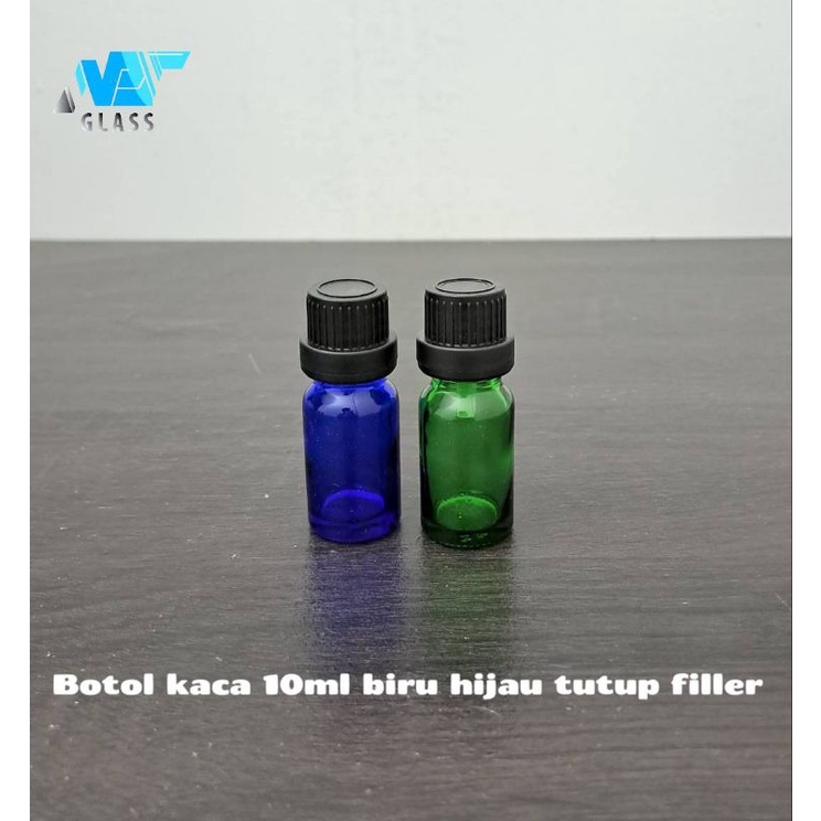 botol kaca 10ml hijau biru tutup filler hitam / botol essential oil 10ml