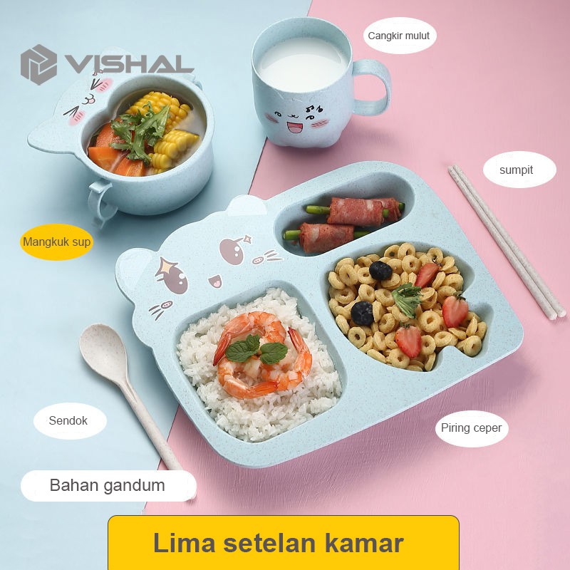 VISHAL Tempat Makan Set + Gelas + Mangkok / Tempat Sendok Garpu&amp;Amp Sumpit Piring Makan Anak Kartun