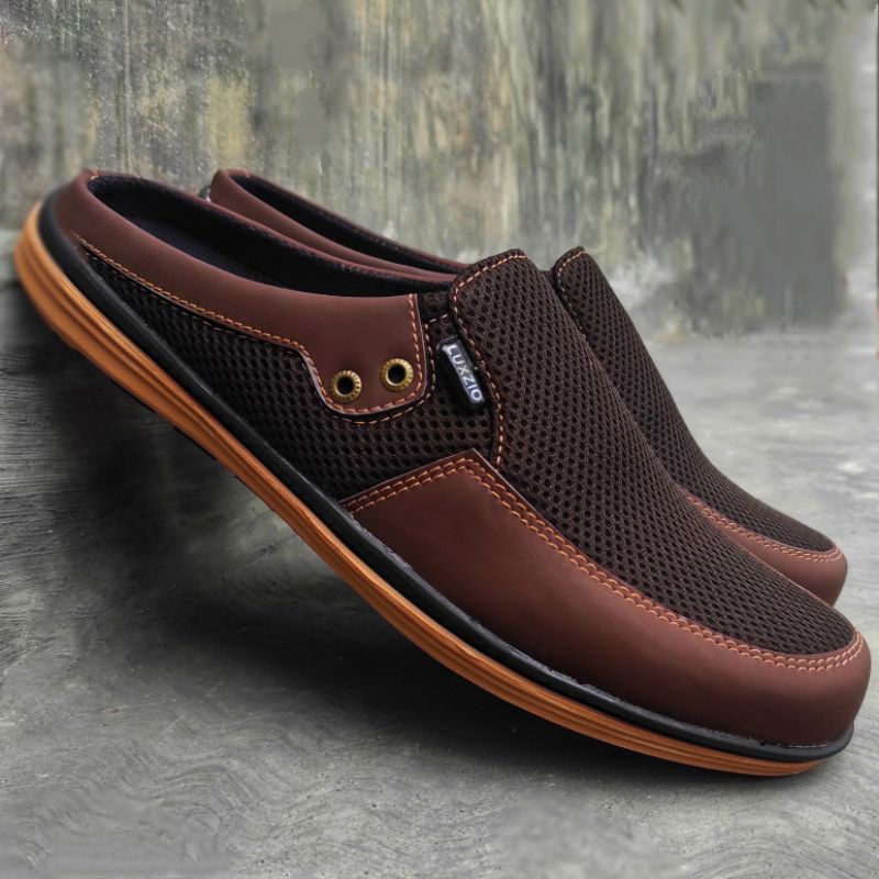 Bustong Slop Selop Sepatu Sandal Kulit Pria Slip On Kasual Sintetis Kerja Kantoran Formal Sol Karet