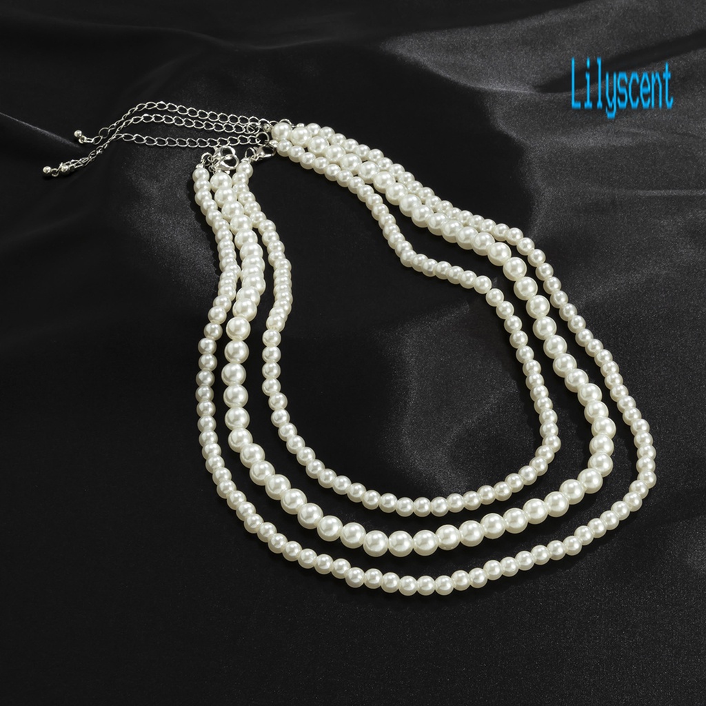 1 Set Kalung Choker Tiga Lapis Aksen Mutiara Imitasi Gaya Hip Hop Untuk Pria