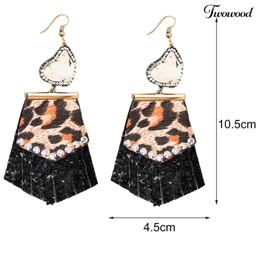 1 Pasang Anting Kait Rumbai Motif Print Leopard Bahan Kulit Tiruan Aksen Berlian Imitasi Untuk Wanita