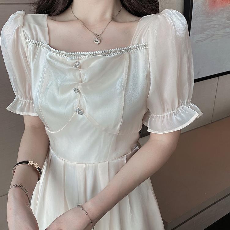 Tren Kekinian.. dress korea/dress putih/2022 baru dress brukat korean style putih wanita korea sutra