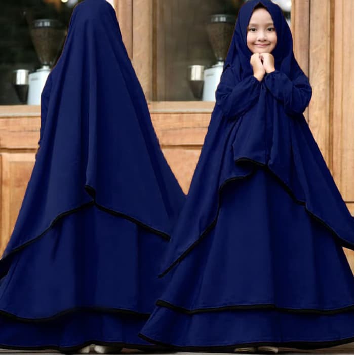 Sale Gamis Anak Perempuan Cewek + Kerudung Cantik Biru Lebaran M 9293YH [Syari Ramadhani Kids Navy S