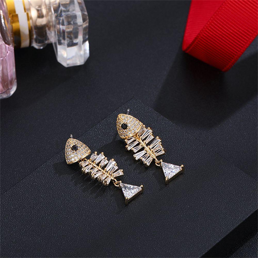R-flower Fish Earrings Jewelry Anting Pejantan Kristal Elegan Menjuntai Zirkon Klip Telinga