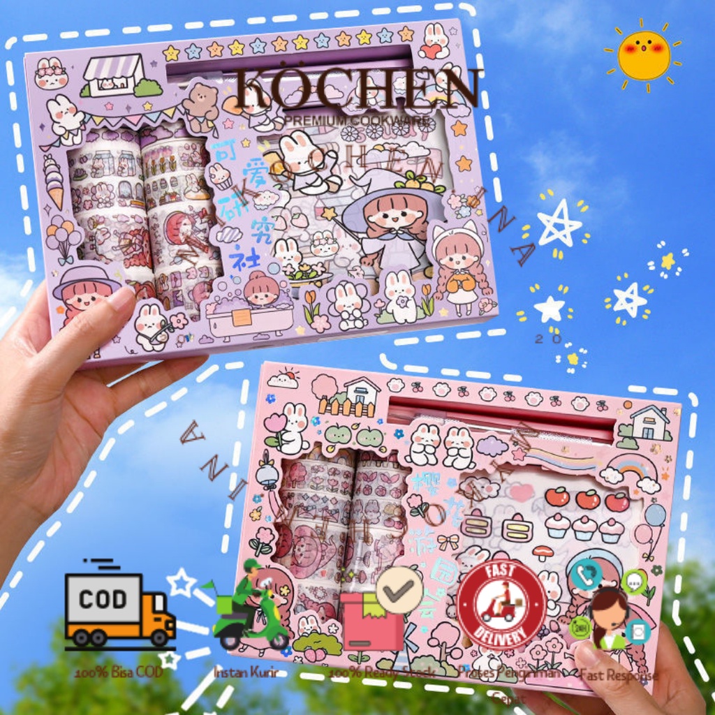 MYKOCHEN.INA Sticker Aesthetic Box SET 10+10+1 Washi Tape Knife Paper Cutting DIY Diary Stiker Decoration Kawaii Cute Estetik Tumblr Lucu Hiasan Buku Catatan Journaling Kertas Scrapbooking Planner Dekoratif Pack Hp Laptop Kartun Stationery Jurnal