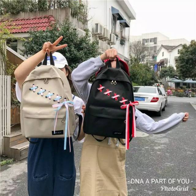 Backpack kepang miring pita HARAZUKU/ ransel simple / tas ransel wanita murah