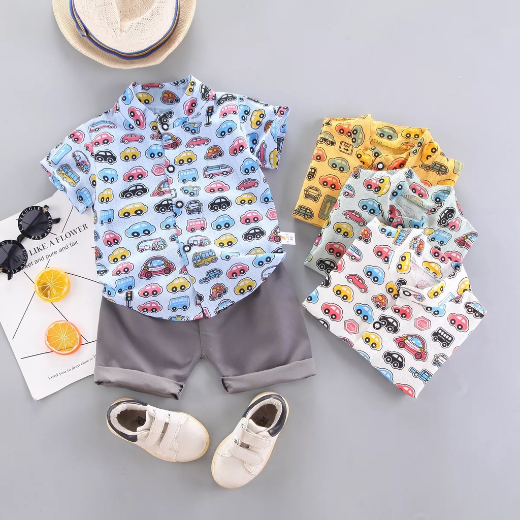 DinoDino SETELAN BAJU KEMEJA IMPORT ANAK LAKI-LAKI CARS AMBULANCE TRANSPORT KARTUN SET PAKAIAN PESTA