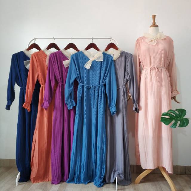 Gamis long dress leher pita prisket plisket pleats import bkk hk chn bangkok china