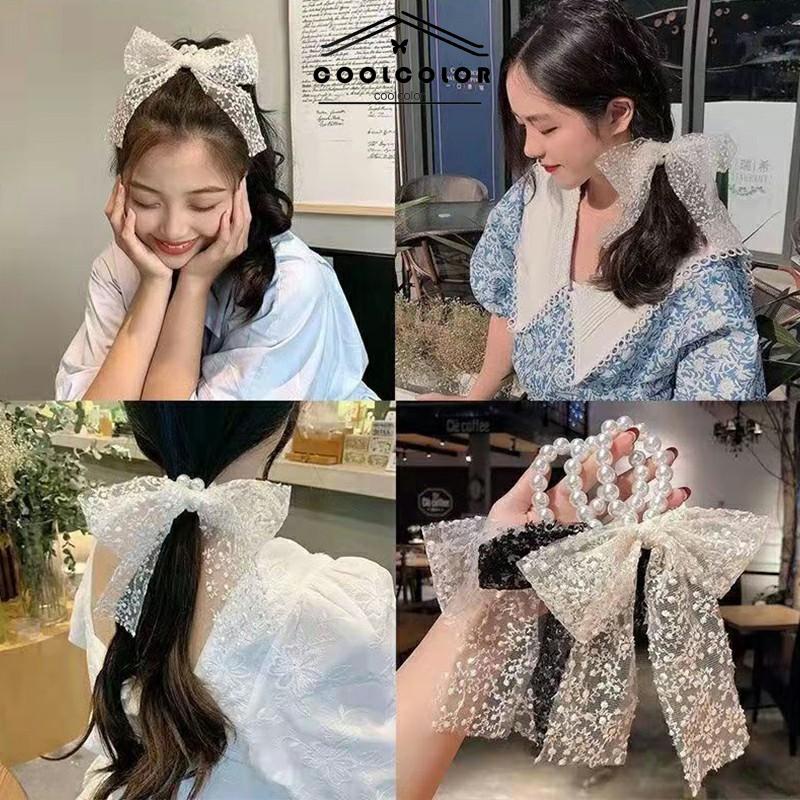 COD❤️Rambut Tali Sederhana Temperamen Renda Mutiara Jepit Rambut  Busur Simpul Rambut Band Karet Gelang Wanita Perhiasan Fashion Aksesoris Impor Murah