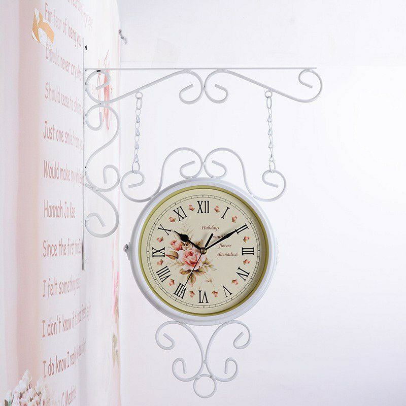 Jam Gantung dua sisi Retro Eropa Sweep Wall Clock Garden Jam Dinding Hias Klasik Shabby Double Side