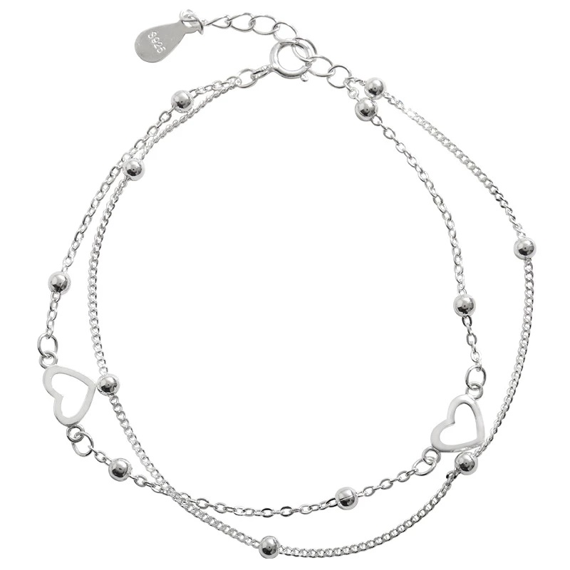 Women Silver Heart Charm Double Layer Silver Beads Exquisite Bracelets