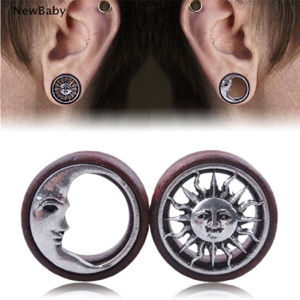 Newbaby 1 Pasang Ear Plug Tunnel Pembesar Lubang Tindik Telinga Desain Matahari &amp; Bulan