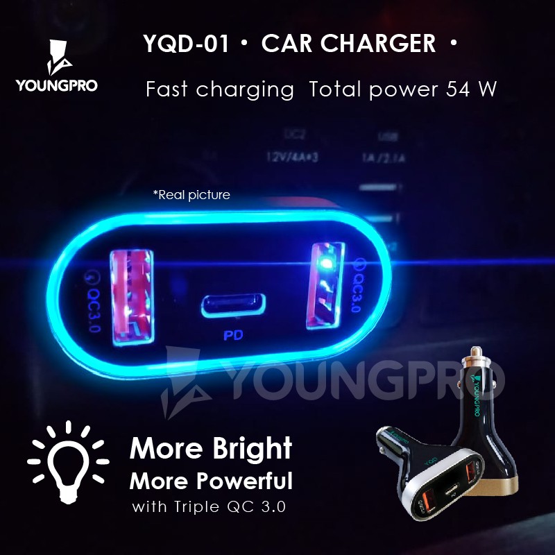 YOUNGPRO Car Charger Quick Charger Dual QC 3.0 + 1 Port Power Delivery YQD-0