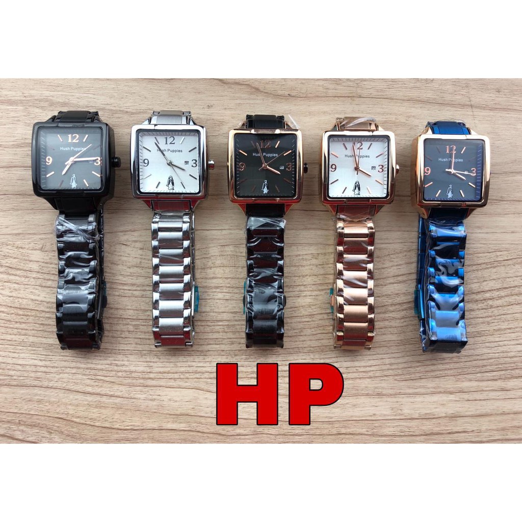 Jam Tangan Wanita Kotak Hush Puppies Tanggal Aktif HP015 Rantai Steel (NEW)