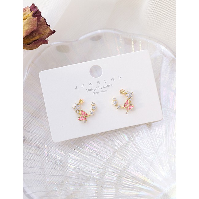 LRC Anting Tusuk Fashion Pink Butterfly Garland Micro Zircon Earrings K42157