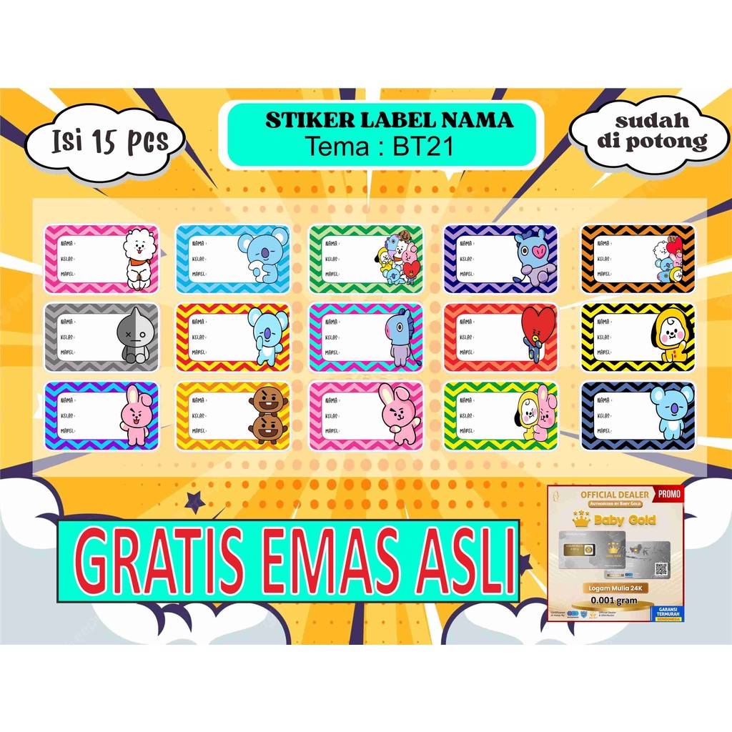 

STIKER LABEL NAMA BUKU TEMA "BT21" / LABEL BUKU SEKOLAH ISI (15 PCS)