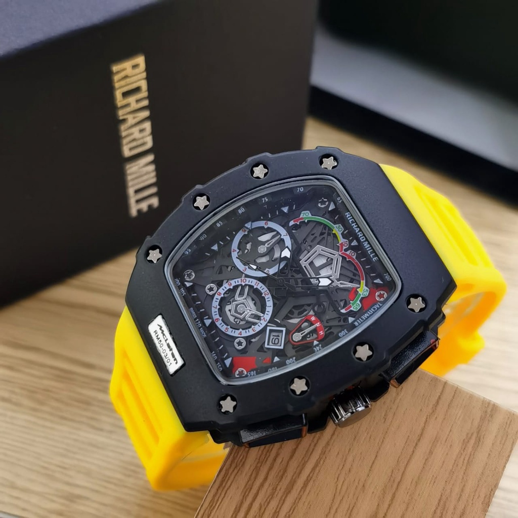 JAM TANGAN PRIA RM45 TALI RUBBER CHRONOGRAPH TANGGAL AKTIF DM 4.3CM FREE BOX  || JAM TANGAN FASHION PRIA