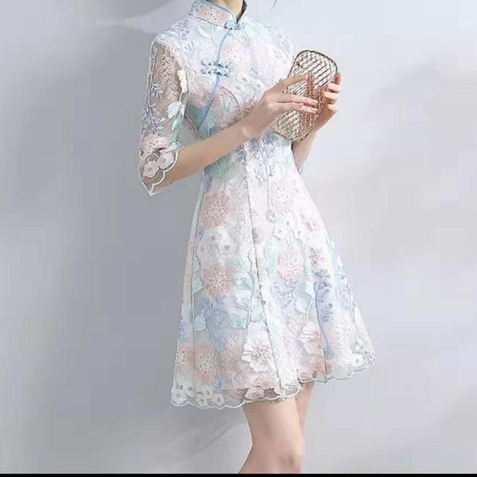 Girl's cheongsam dress 2021 spring new style short style daily fashion improved young style Chinese