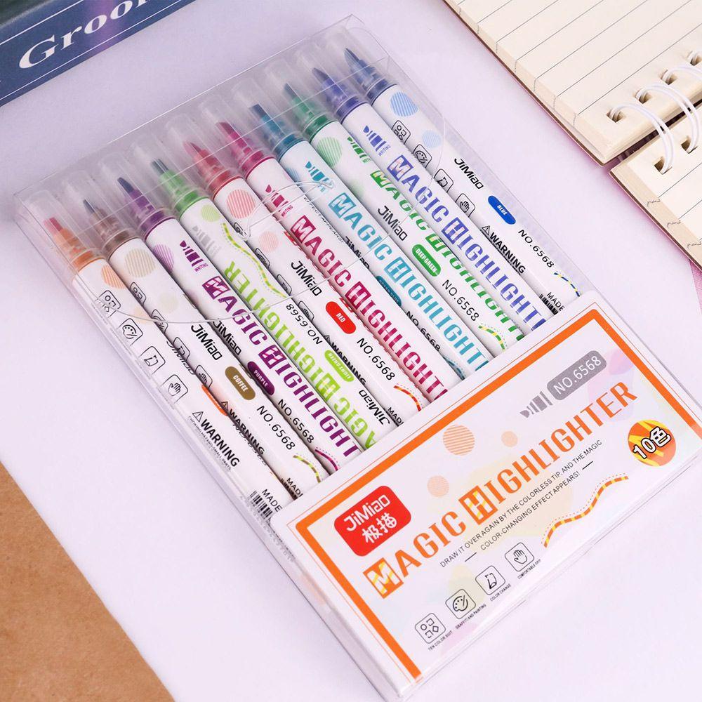 R-flower 10PCS / Set Spidol Fluorescent Kepala Ganda Berubah Warna Untuk Sekolah / Kantor