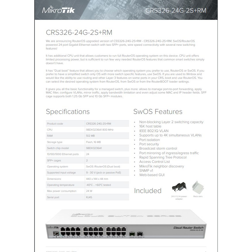 MikroTik CRS 326 24G 2S+ RM CRS326-24G-2S+RM