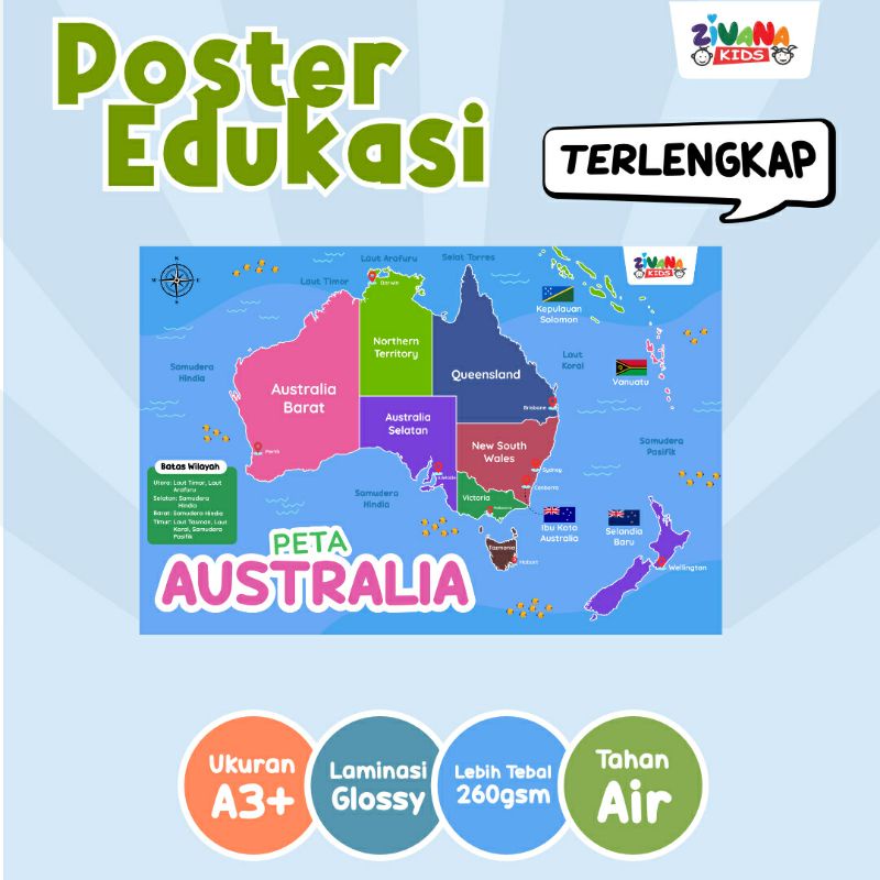 Zivana Kids - Poster Edukasi Anak Peta Australia Untuk Pendidikan