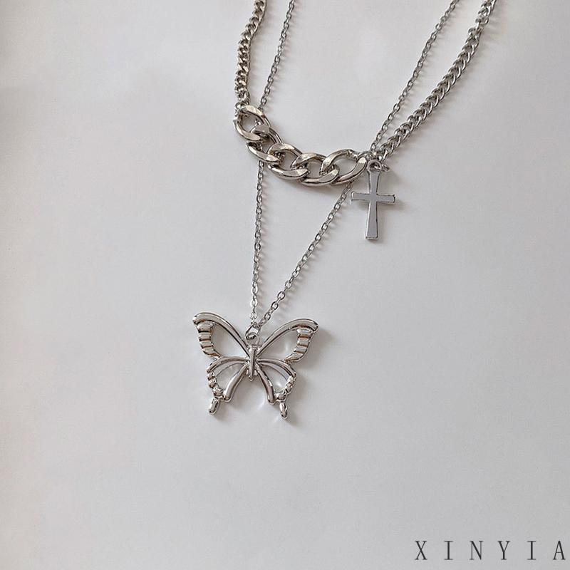 【Bayar di tempat】Metal Gold Silver Shinny Butterfly Necklace Vintage Necklace Jewelry Neck Decoration Temperament Retro Elegant Individuality Fashion