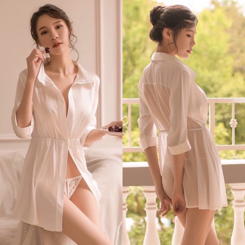 zu9042 Babydoll Berkerah Kemeja Kantong Lingerie Sleepwear Chiffon Putih White Hitam Blac kAa8495 Bb1490-Sux028 - Putih