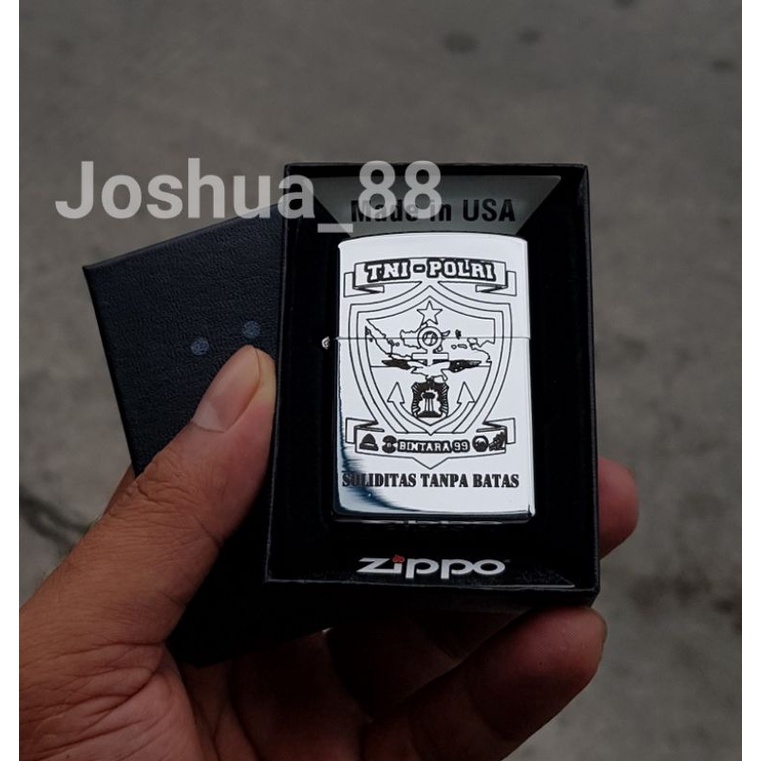 Zippo Custom Korek Api Ukir Logo TNI-Polri Silver Letting Bisa Request Gambar Logo Sendiri