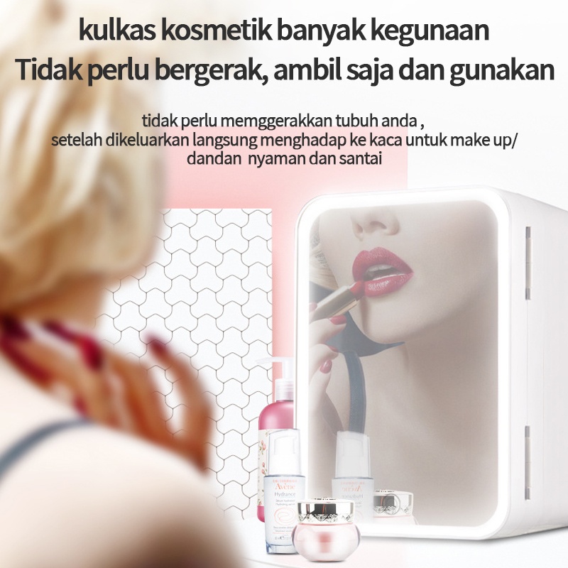 8L Kulkas Skincare Mini Fridge LED Mirror Minifridge Portable Cermin Skin Care Minifridge Kosmetik Makanan