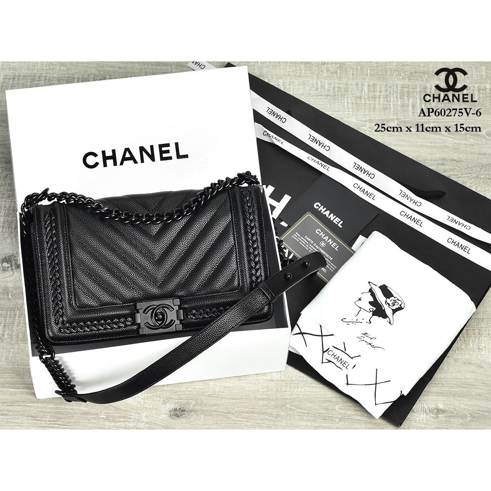 Tas Chanel Boy So Black Chevron Caviar Braid Around HITAM AP60275V-6
