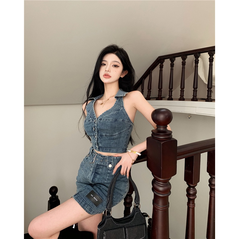 Suhao Meimei kembali denim kamisol rompi wanita musim panas manis dan keren halter neck tanpa lengan