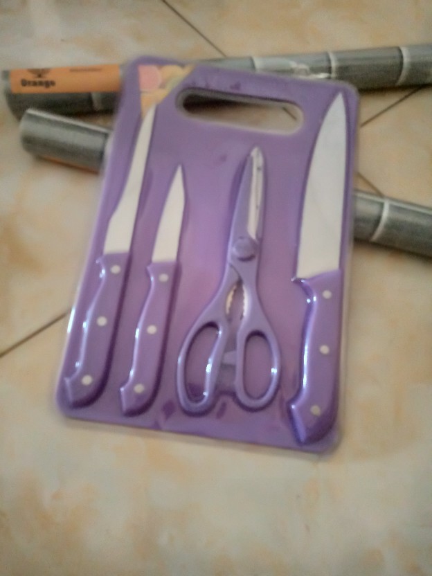 Cod - J2low - Partyhouse -set Pisau Dapur Knife Set 5in1 + Talenan Stainless Pisau Dapur 20cmx30cm