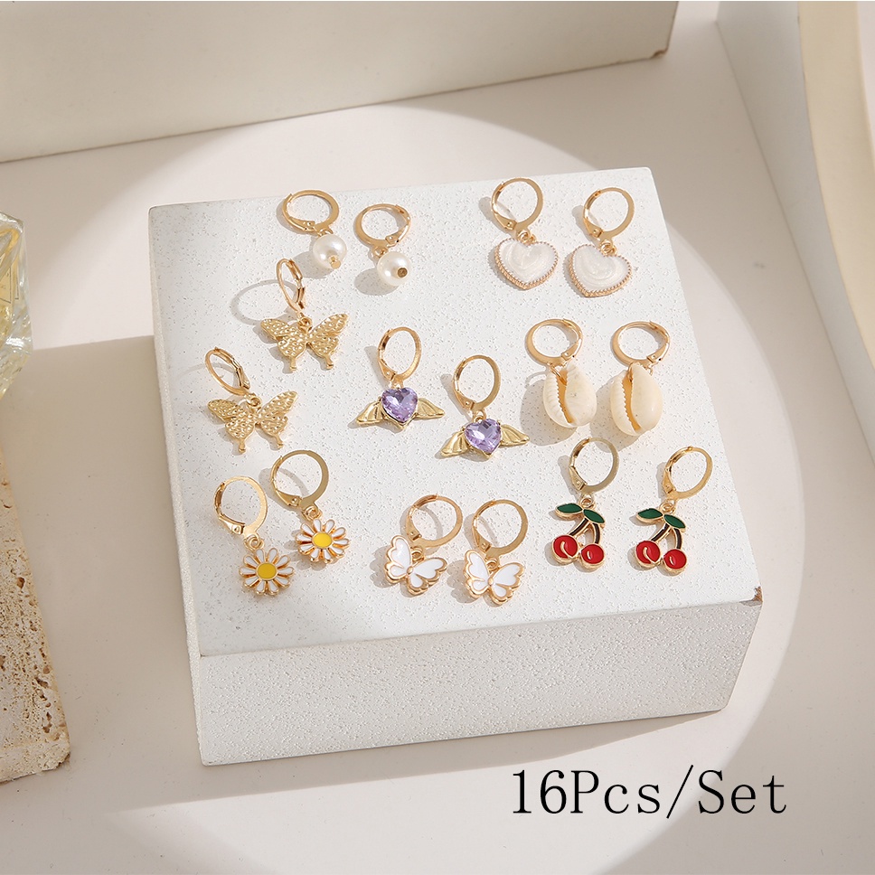 AY(CN) 16pcs/set Cute Pearl Shell Drop Earring Set Colorful Heart Butterfly Flower Cherry Hoop Earrings for Women Accessories Jewelry